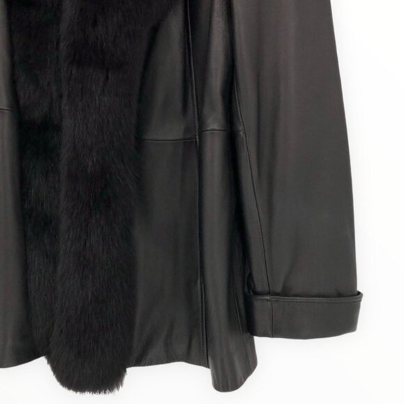 90’s Vintage Black Lambskin Leather Blue Fox Fur Collar Trim Jacket - Picture 4 of 14